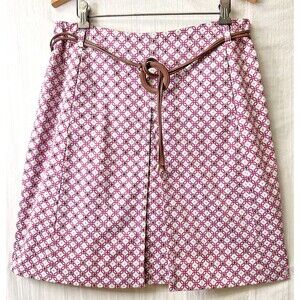 Etcetera Wine/Beige Tile Geo Print Brown Belt Buttons Cotton A-Line Skirt Size 6